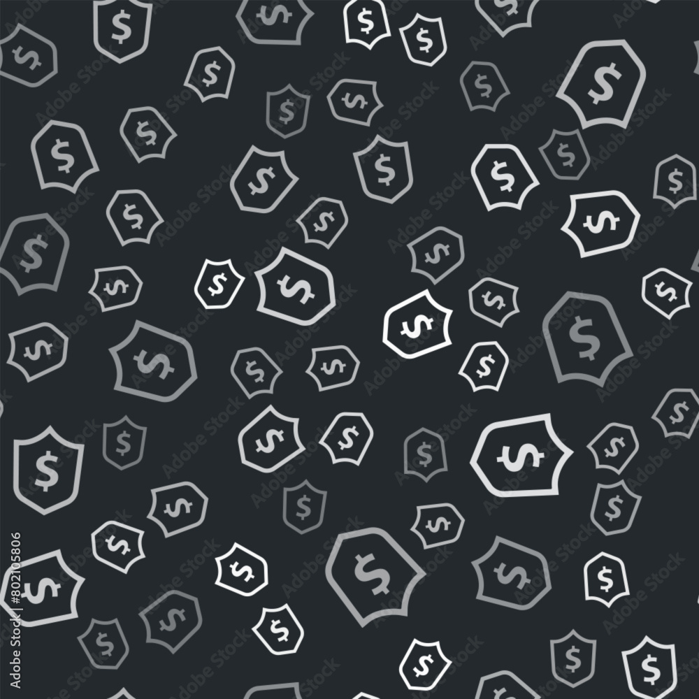 Grey Shield with dollar symbol icon isolated seamless pattern on black background. Security shield protection. Money security concept. Vector Grey Shield with dollar symbol icon isolated seamless pattern on black background. Security shield protection. Money security concept. Vector