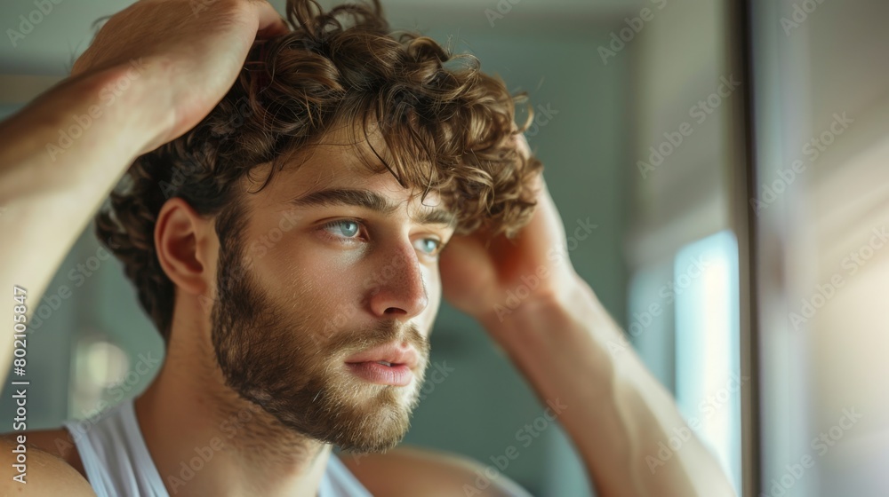 A man with curly hair is standing before a mirror, observing his reflection intently. A man with curly hair is standing before a mirror, observing his reflection intently.