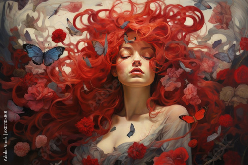 Ethereal art of a woman with vibrant red hair and butterflies amidst flowers