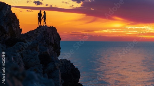 A sunset silhouette of a couple holding hands on a rocky cliff by the sea.