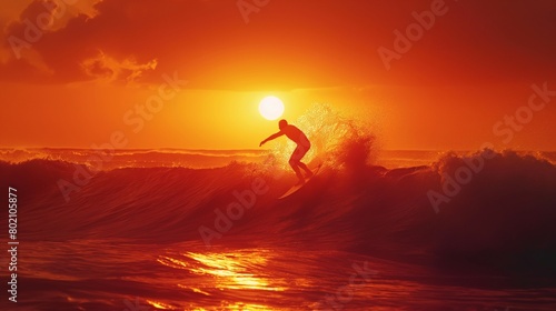 A sunset silhouette of a lone surfer catching a wave. © Eric