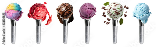 Ice cream scoop on Stainless steel scoop scooper on transparent background cutout, PNG file. Many assorted different flavour Mockup template for artwork design photo