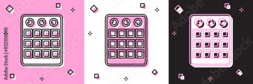 Set Drum machine icon isolated on pink and white, black background. Musical equipment. Vector