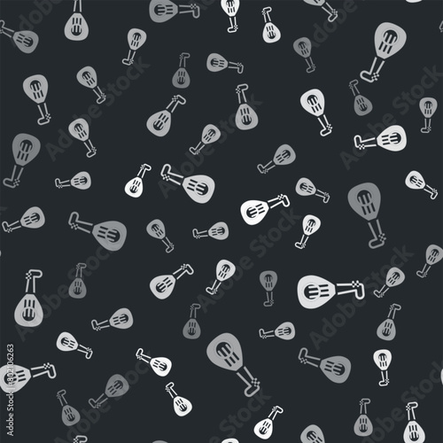 Grey Musical instrument lute icon isolated seamless pattern on black background. Arabic, Oriental, Greek music instrument. Vector