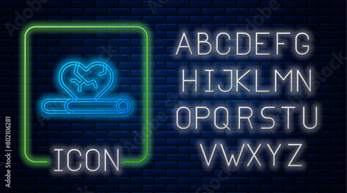 Glowing neon Heart disease and death caused with smoking icon isolated on brick wall background. Neon light alphabet. Vector