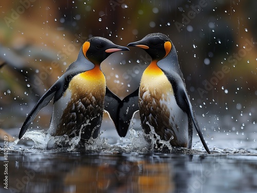 Pair of king penguins splashing through water  their vivid colors contrasting with the rainy backdrop. Concept of dynamic wildlife behavior  adaptation to environments  and the vibrancy of nature.