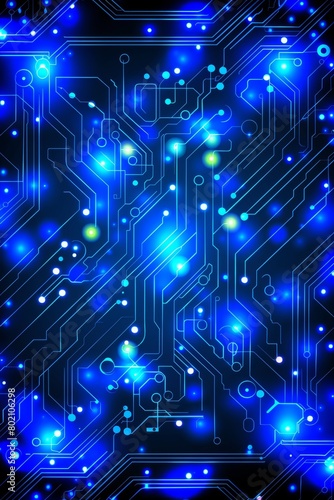 Blue circuit board with illuminated lights and yellow dots for enhanced electronic design