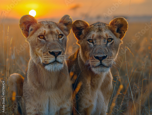 Pair of lions at sunrise in the savannah  with a golden sun backdrop emphasizing their majestic and tranquil presence. Concept of wildlife conservation  natural habitat preservation.