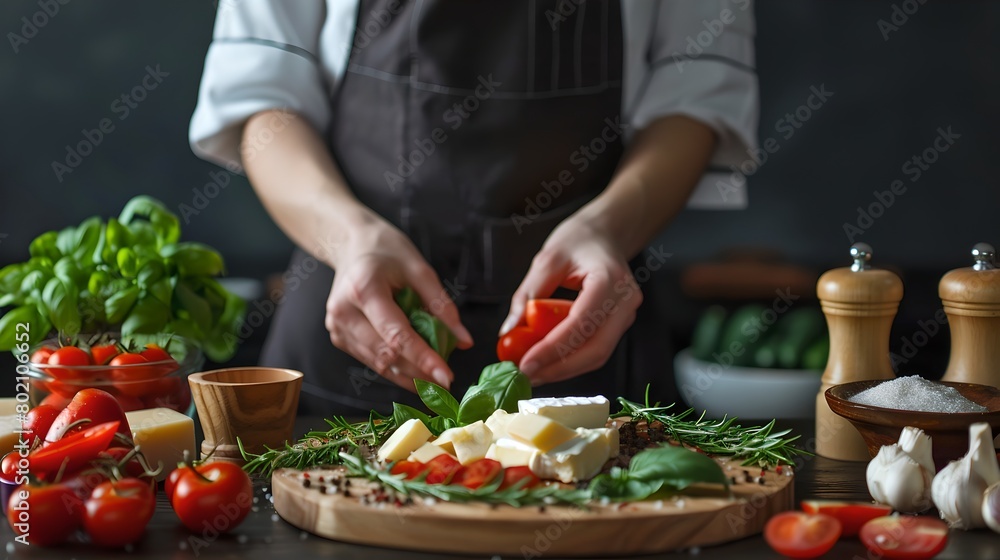 Chef Prepares Fresh Ingredients on a Dark Wooden Table. Healthy Food Concept. Organic Vegetable Preparation. Culinary Workshop. AI