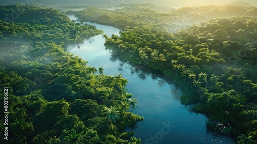 A picturesque view of a winding river snaking through the rainforest  its banks teeming with diverse flora and fauna  