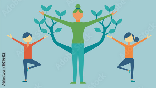 Participants performing the tree pose with arms outstretched resembling a human flag.. Vector illustration