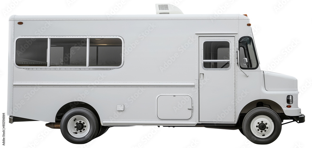 Naklejka premium Side view of a white food truck isolated on a white background