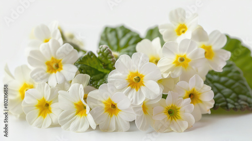 Primula vulgaris, common primrose, is a species of flowering plant in the primrose family,pile of camomille on white background,Many chamomile isolated on white   © Classy designs