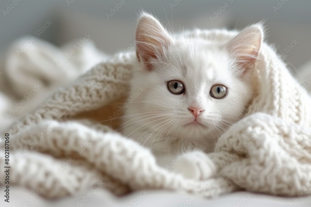 Cute white kitten looks at the camera while peeking out from white blankets.