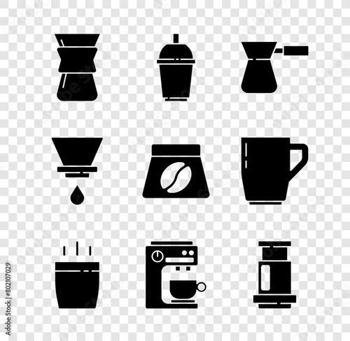 Set Pour over coffee maker, Coffee cup to go, turk, machine, Aeropress, V60 and Bag beans icon. Vector