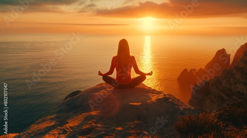 A woman meditating at sunrise on a cliff overlooking the ocean.