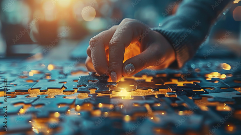 Captivating close-up of a hand precisely placing a puzzle piece, bathed in warm, glowing light, symbolizing solution and completion.. Captivating close-up of a hand precisely placing a puzzle piece, bathed in warm, glowing light, symbolizing solution and completion..