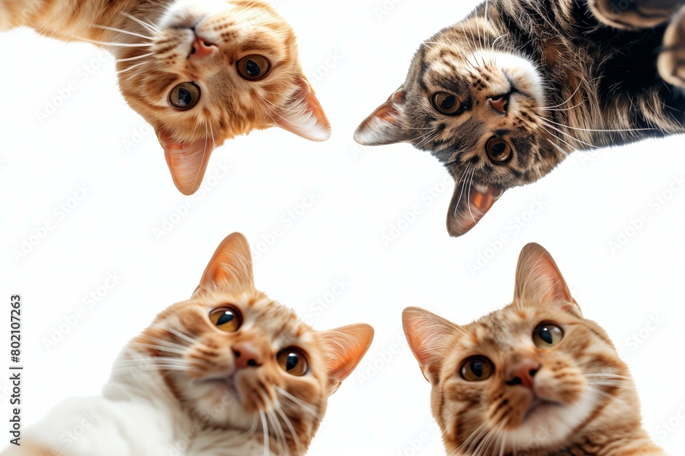group of curious cats look down, bottom view, isolated on white ...
