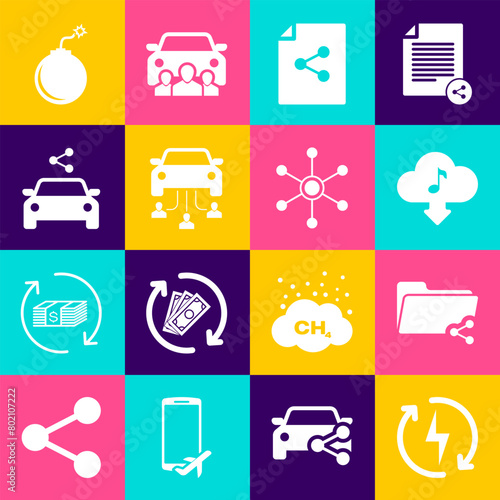 Set Recharging, Share folder, Cloud download music, file, Car sharing and icon. Vector