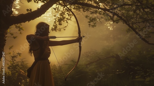 A woman practicing archery in a misty forest clearing.