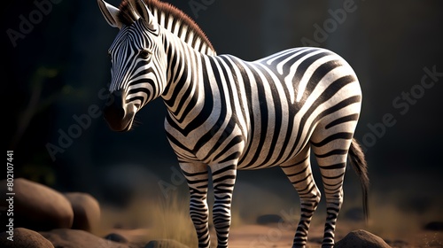 Zebra standing in the dark, 3d rendering, horizontal image