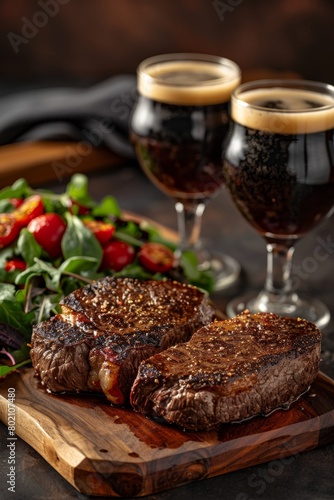 Savoring a delicious steak and fresh greens meal accompanied by dark beer on wooden platter