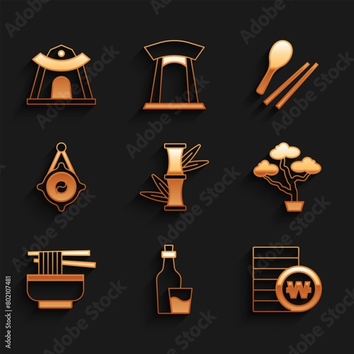 Set Bamboo, Soju bottle, South Korean won coin, Bonsai tree, Ramen, lantern, Food chopsticks and temple icon. Vector