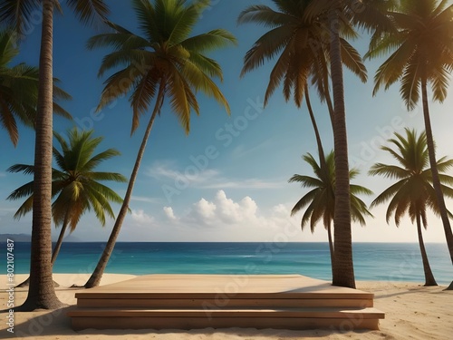 View of beautiful sand beach and palm trees  summer season