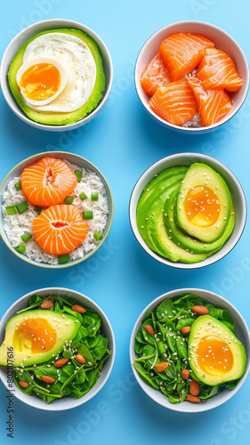 A row of bowls with various types of food  including avocado  salmon  and rice