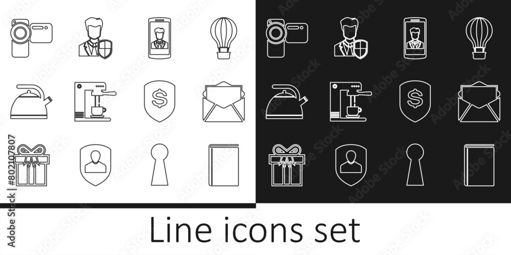 Set line Book, Mail and e-mail, Smartphone with contact, Coffee machine cup, Kettle handle, Cinema camera, Shield dollar and User protection icon. Vector