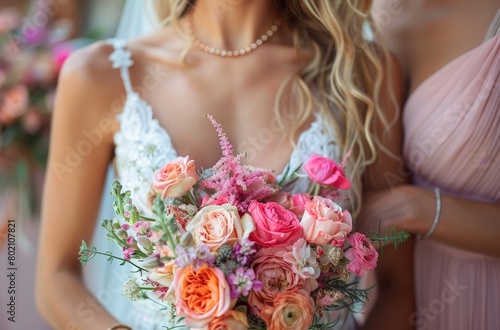 Close-up of bride's hands delicately holding a vibrant and colorful bouquet, highlighting bridal fashion