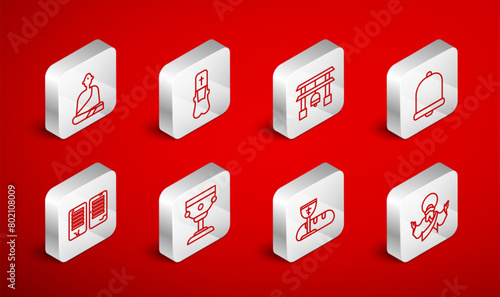 Set line Jesus Christ, Priest, Japan Gate, Church bell, First communion symbols, Buddhist monk, Christian chalice and The commandments icon. Vector