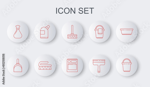 Set line Bucket, Dustpan, Handle broom, Rubber cleaner for windows, Garbage bag, Bottles cleaning agent, Brush and Kitchen dishwasher machine icon. Vector