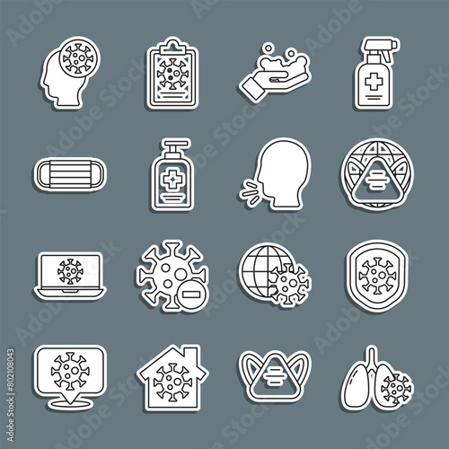 Set line Virus cells in lung, Shield protecting from virus, Earth with medical mask, Washing hands soap, Liquid antibacterial, Medical protective, Human and Man coughing icon. Vector
