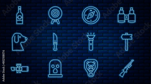 Set line Shotgun, Road traffic sign, Compass, Hunter knife, Dog, Bottle of vodka, Flashlight and Target sport icon. Vector