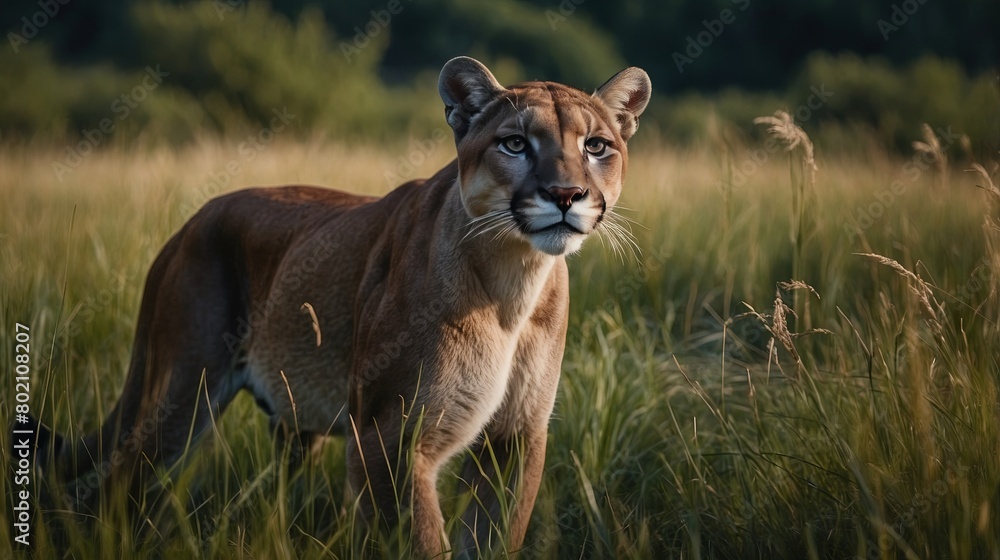 Obraz premium majestic female cougar on the hunt for some prey in high grass