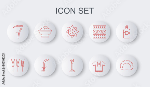 Set line Dumplings, Wheat, Sunflower, Embroidered shirt, Scythe, Varenyky bowl, Medieval sword and Monument of Independence icon. Vector