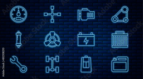 Set line Canister for motor oil, Car radiator cooling system, Check engine, ventilator, Shock absorber, Speedometer, battery and Wheel wrench icon. Vector