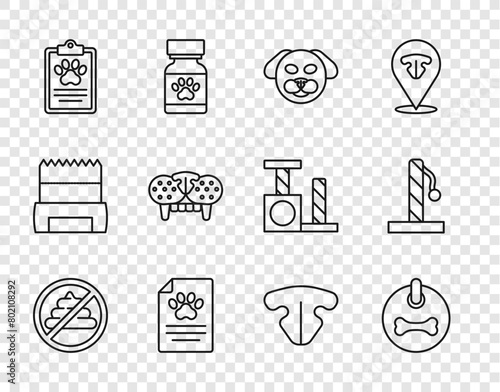 Set line No shit, Dog collar, Clinical record pet, Cat tooth, nose and scratching post icon. Vector