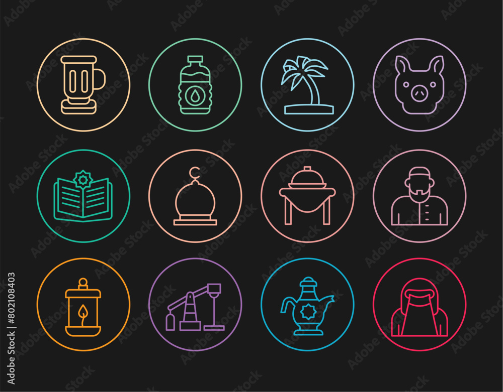 Set line Muslim woman in niqab, Tropical palm tree, Mosque, Holy book of Koran, Medieval goblet, Table food and Bottle water icon. Vector Set line Muslim woman in niqab, Tropical palm tree, Mosque, Holy book of Koran, Medieval goblet, Table food and Bottle water icon. Vector