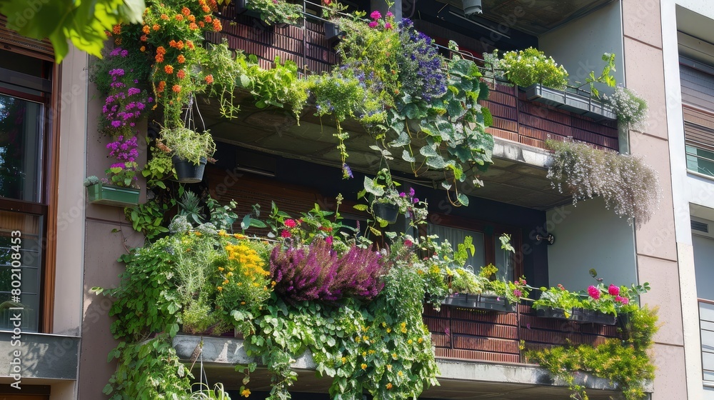 Balcony garden with hanging baskets and vertical planters, maximizing space for urban dwellers to enjoy nature.