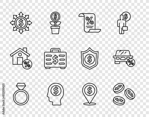 Set line Diamond engagement ring, Coin money with dollar, Finance document, Business man planning mind, Dollar, share, network, Briefcase and, Cash location and Car leasing percent icon. Vector