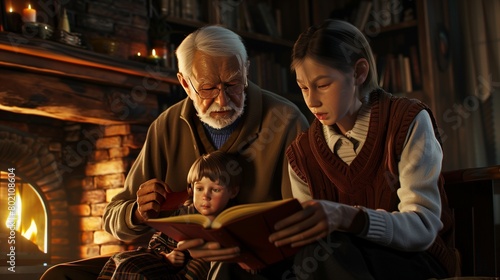 Grandparents reading a story to their grandchildren by the fireplace. photo