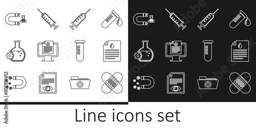 Set line Crossed bandage plaster, Clipboard with blood test, Syringe, Clinical record on monitor, Bioengineering, Customer attracting, Test tube flask and icon. Vector