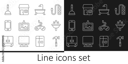 Set line Hammer, Washbasin, Bathtub, Picture, Mobile phone, Rubber plunger, Gamepad and House icon. Vector