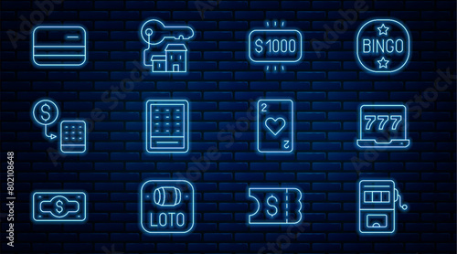 Set line Slot machine, Laptop and slot, Money prize casino, Lottery ticket, Casino chips exchange, Credit card, Playing with heart and Winning house key icon. Vector