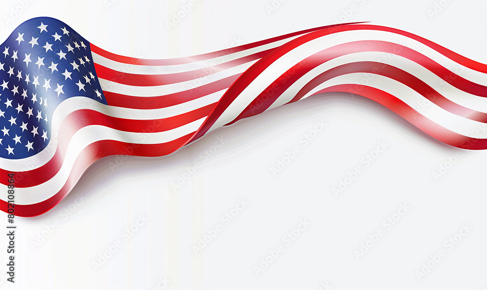 Fototapeta premium A waving American flag on a white background with stars and copy space for text area.