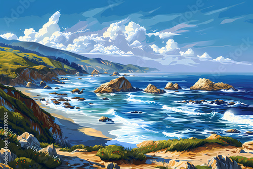 rocky shores with a coastal background of rock illustration photo