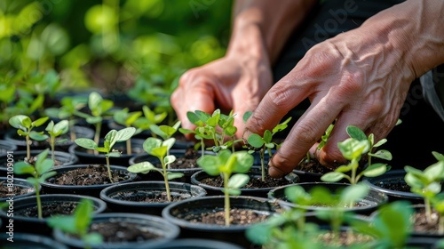 Close-up of hands planting seedlings in recycled containers, promoting eco-friendly gardening in small spaces.