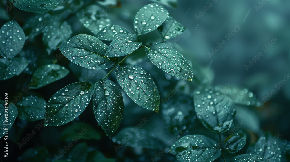 A lush green leaf with raindrops on it A lush green leaf with raindrops on it